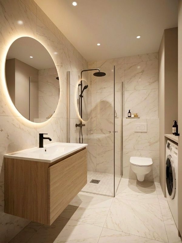 Modernes Badezimmer mit Marmoroptik, Dusche, Waschbecken und LED-Beleuchtung in Ingolstadt von Renovierung & Sanierung ALBAN