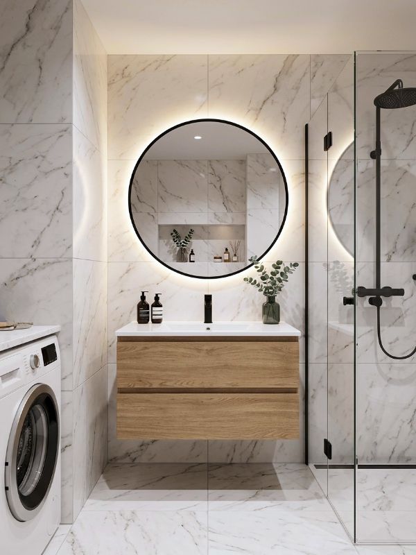 Modernes Badezimmer mit Marmoroptik, Waschbecken und LED-Beleuchtung in Ingolstadt von Renovierung & Sanierung ALBAN