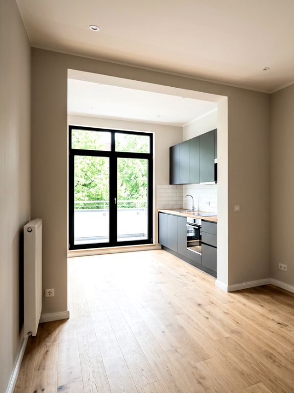 Offene Küche mit Wohnbereich und Holzboden nach Renovierung in Ingolstadt von Renovierung & Sanierung ALBAN