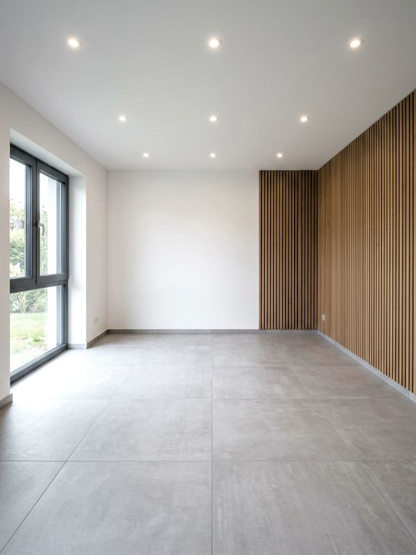 Modernes Wohnzimmer mit Fliesenboden und Holzwand nach Renovierung in Ingolstadt von Renovierung & Sanierung ALBAN